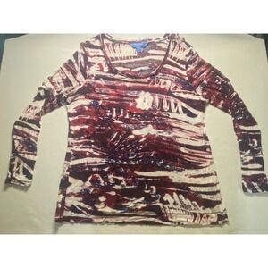 Simply Vera Vera Wang Womens XL Long Sleeve Abstract Burgundy Blue Rayon Shirt